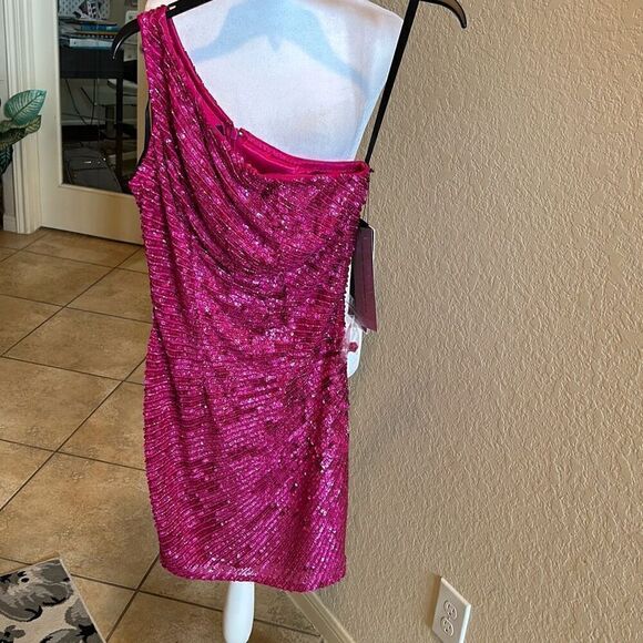 Primavera Couture Women's 0 One Shoulder Pink Sequin Mini Dress Barbiecore New - Picture 3 of 13